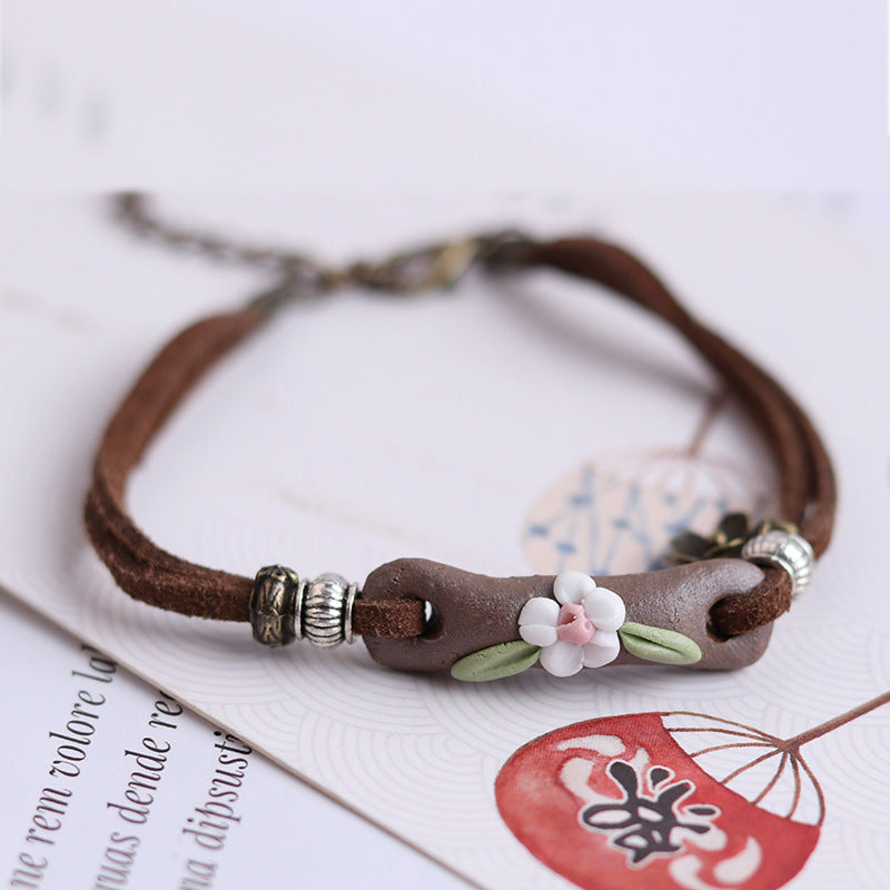 Crumpled Chrysanthemum Bracelet With Flower Heart Stone, Scenic Souvenir Ceramic Jewelry, Woven Jewelry Store Merchandise