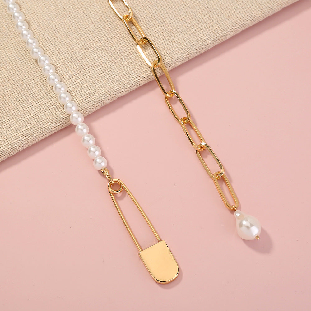 Metal Pin Safety Pin Lattice Chain Imitation Baroque Pearl Single Layer Necklace