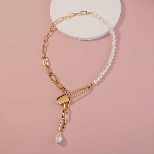 Metal Pin Safety Pin Lattice Chain Imitation Baroque Pearl Single Layer Necklace