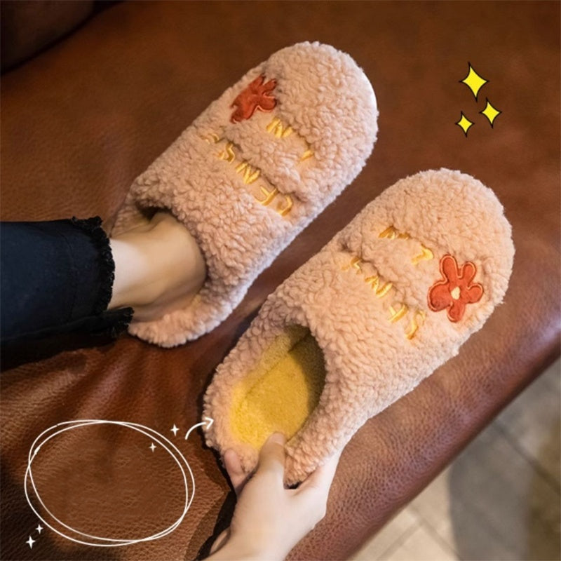 Ins Cute Flower Fleece Slippers Winter Warm Bedroom Floor Slippers Indoor Non-slip Plush Shoes For Women