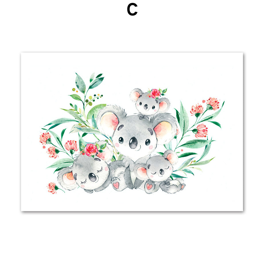 Koala Baby Flower Leaf Nursery Wall Art Canvas Painting Cartoon Nordic Posters