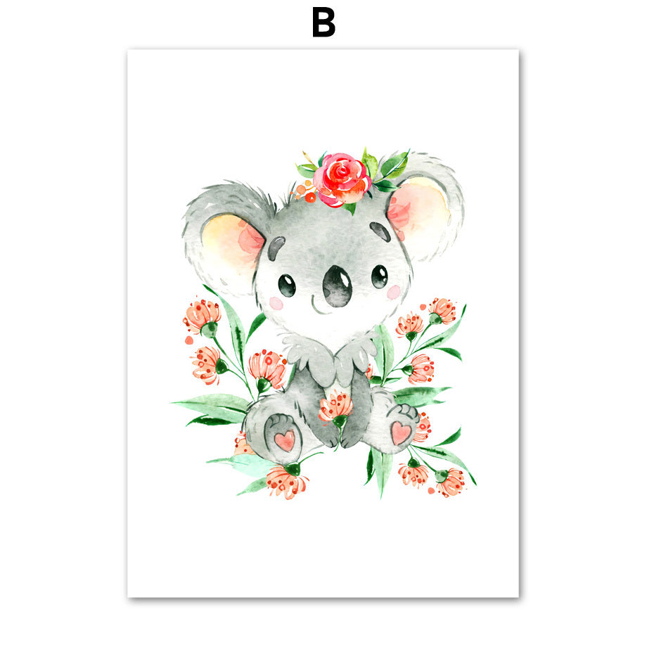 Koala Baby Flower Leaf Nursery Wall Art Canvas Painting Cartoon Nordic Posters