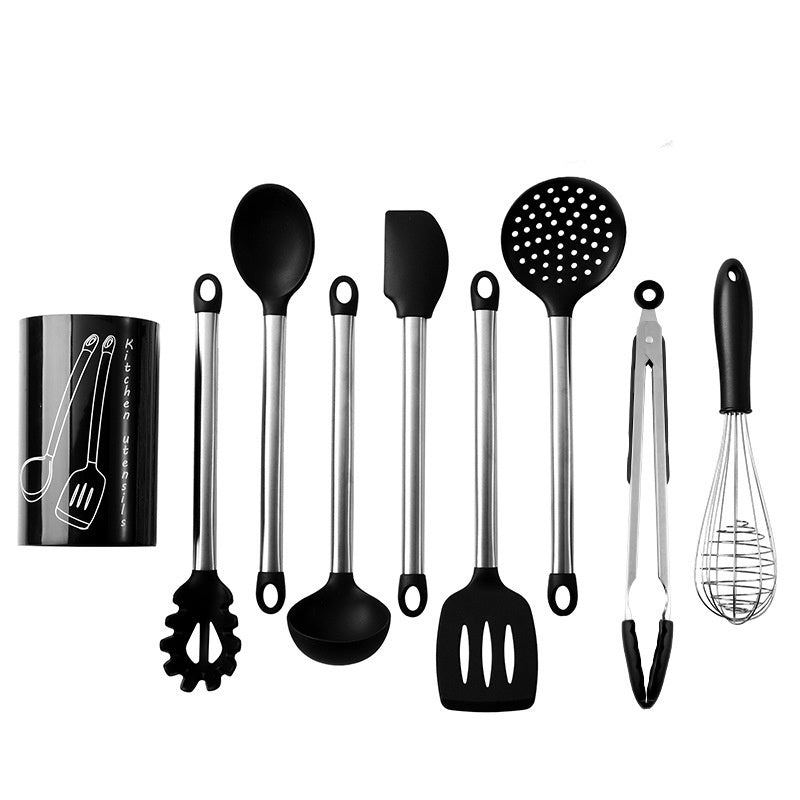 Stainless Steel Silicone Kitchenware Kit Amazon Hot Silicone Kitchenware 9-piece Set With Storage Bucket