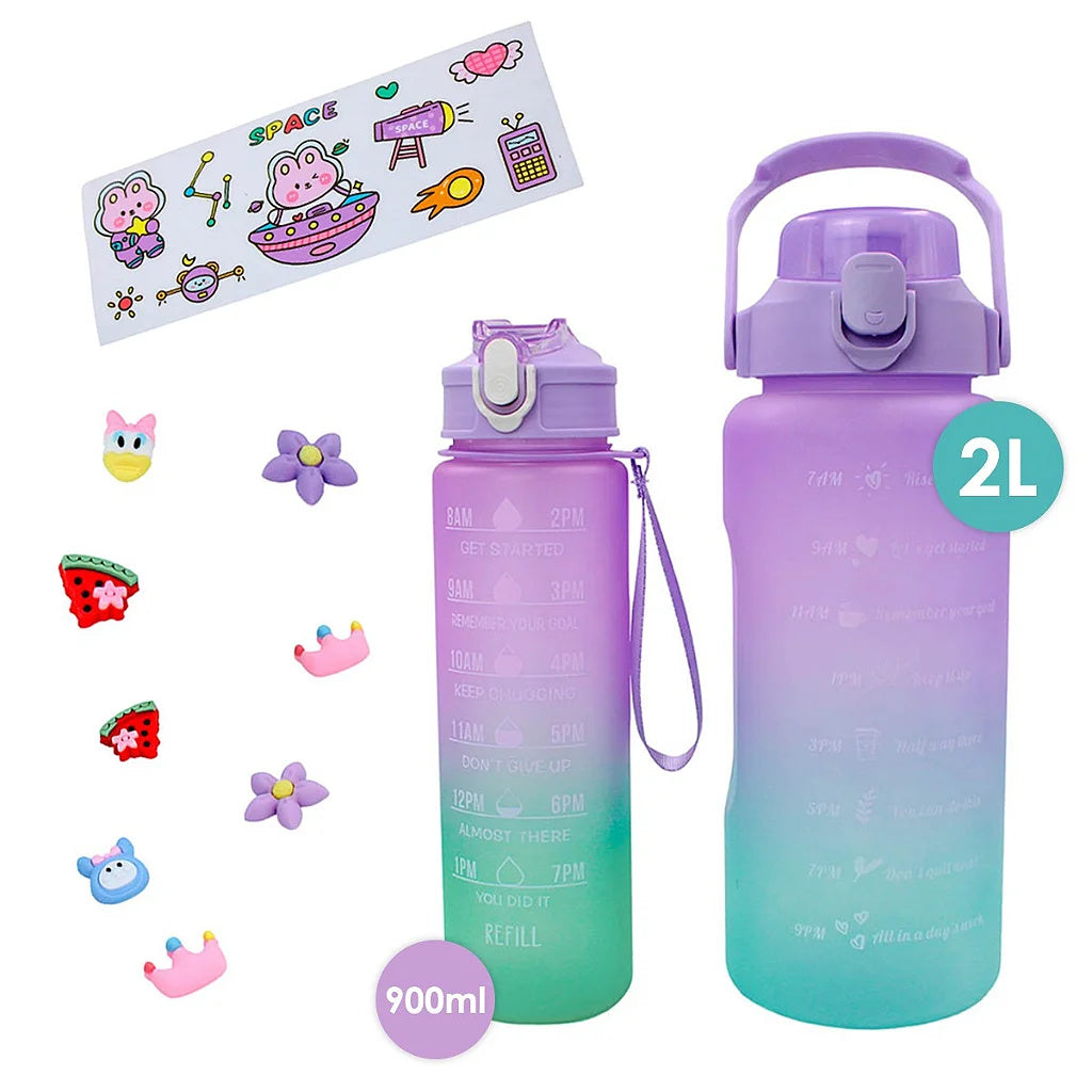 Kit 2 Bottles Water Gallon 2L And 900ml Degrade Figurines 3D Stickers