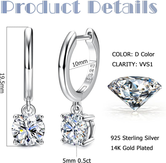 Moissanite Earrings, 18K White Gold Sterling Silver Moissanite Hoop Earrings 1.0ct-2.0ct D Color Brilliant Lab Created Diamond Earrings For Women Drop Dangle Moissanite Earrings