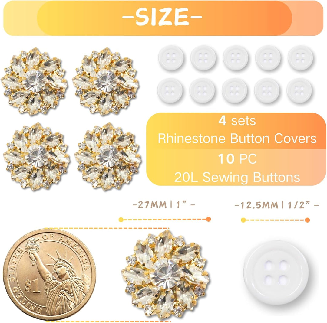 Button Covers for Women, 4 Pcs Sliver Rhinestone Crystal Flower Cuff Links Round Button Covers for Men Dress Shirts Suitable Sewing DIY Holiday Decoration Embellishments Gift Idea