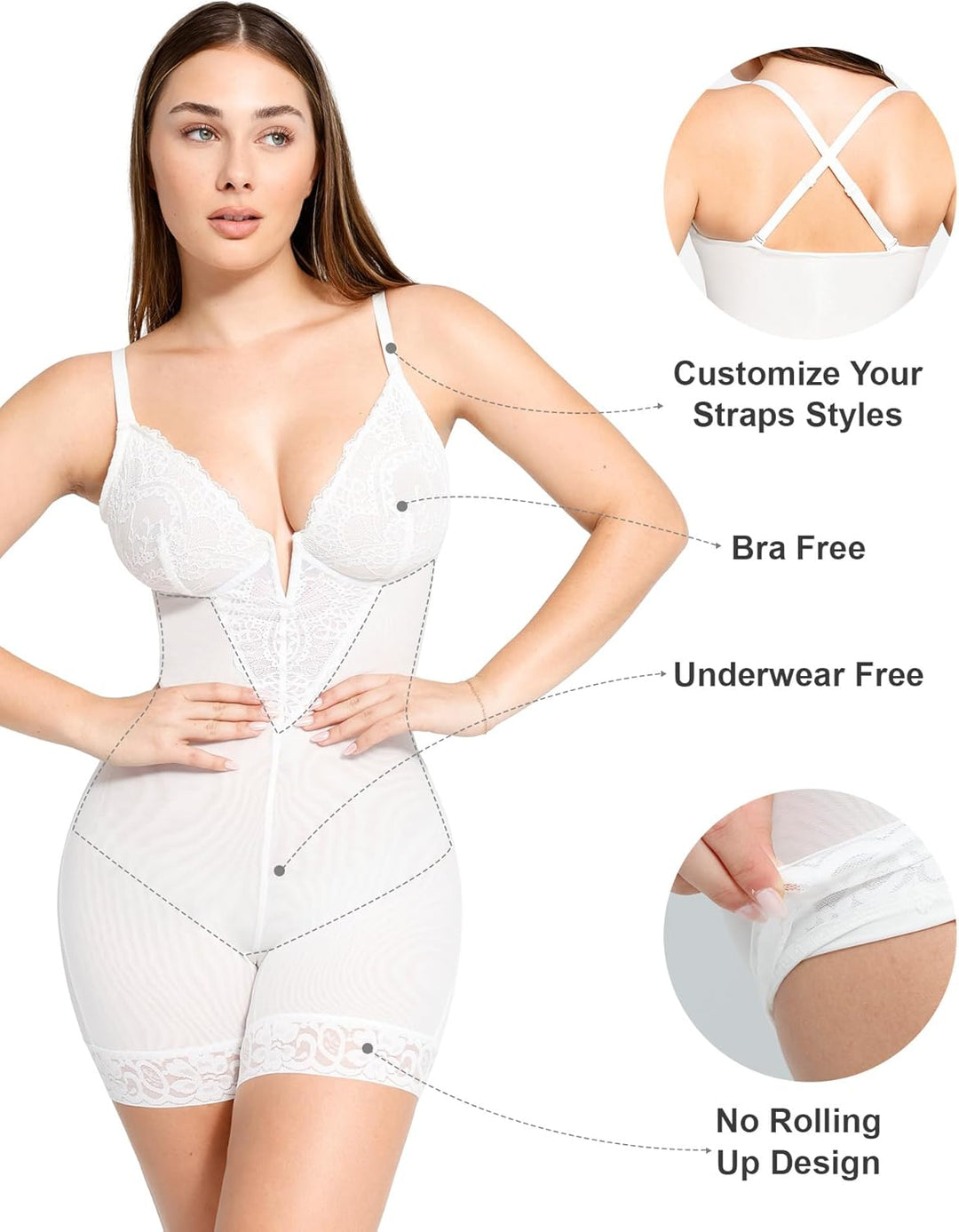 Popilush Shapewear Bodysuit Tummy Control - Deep V Neck Sleeveless Lace Corset Shapewear Tops Body Shaper