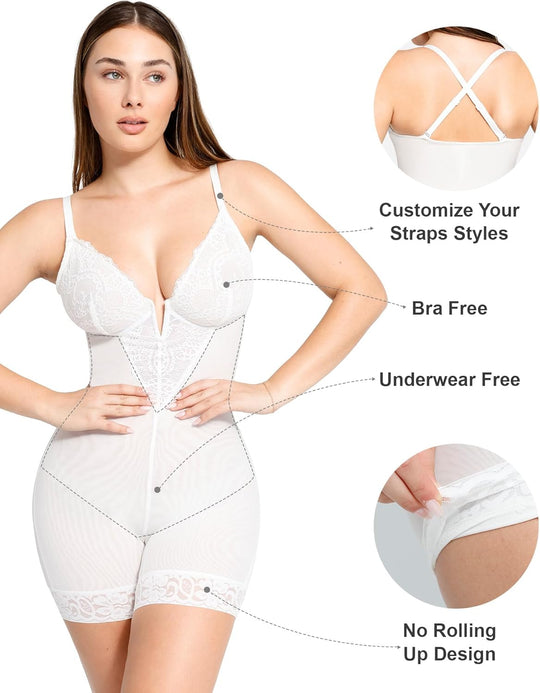 Popilush Shapewear Bodysuit Tummy Control - Deep V Neck Sleeveless Lace Corset Shapewear Tops Body Shaper