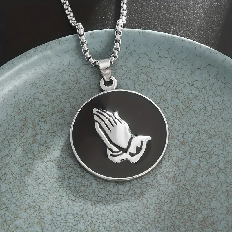 Stainless Steel Vintage Praying Hands Medal Pendant Necklace for Men and Women Religious Prayer Lucky Jewelry Gift