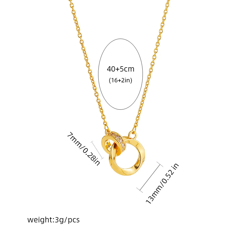 Fashion Golden Color Double Ring Interlocking Clavicle Chain Necklace for Women Temperament CZ Ring Pendant Necklaces Jewelry