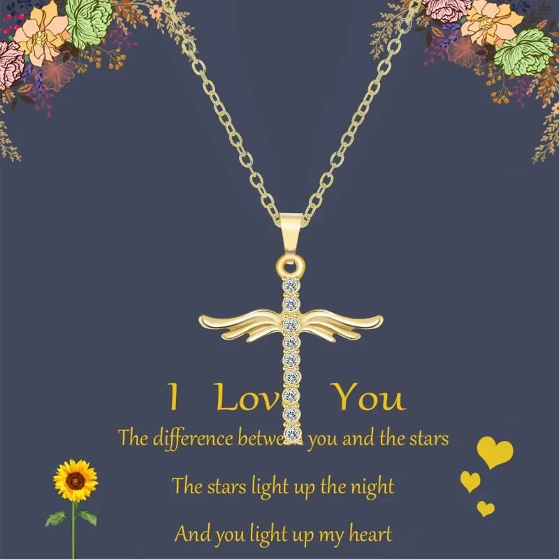 Women Angel Wings Cross Pendant Necklace For Woman With O Type Stainless Steel Chain Necklace Fashion Jewelry Gift 2024