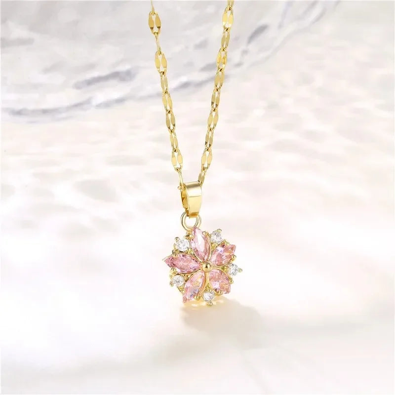 New Sweet Pink Cherry Blossoms Pendant Stainless Steel Necklaces For Women Korean Fashion Temperament Clavicle Chain Jewelry