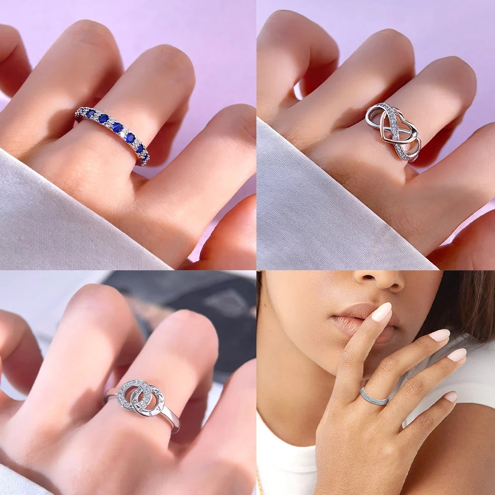 Women 925 Sterling Silver Geometry Heart-Shaped With Blue Stripes Paw Print Rings Jewelry Anniversary Birthday Fashion Gifts