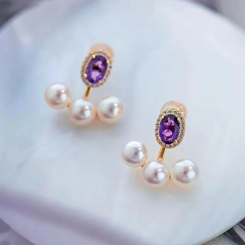 Women's Earrings Vintage Fashion Wedding Romantic Jewelry Gift French Amethyst Glare Imitation Pearl Earrings Temperament