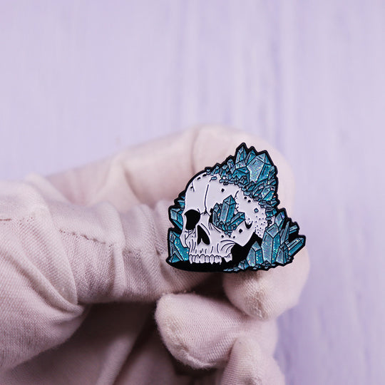 Skull Glitter Blue Crystal Pillar Pin Metal Brooch