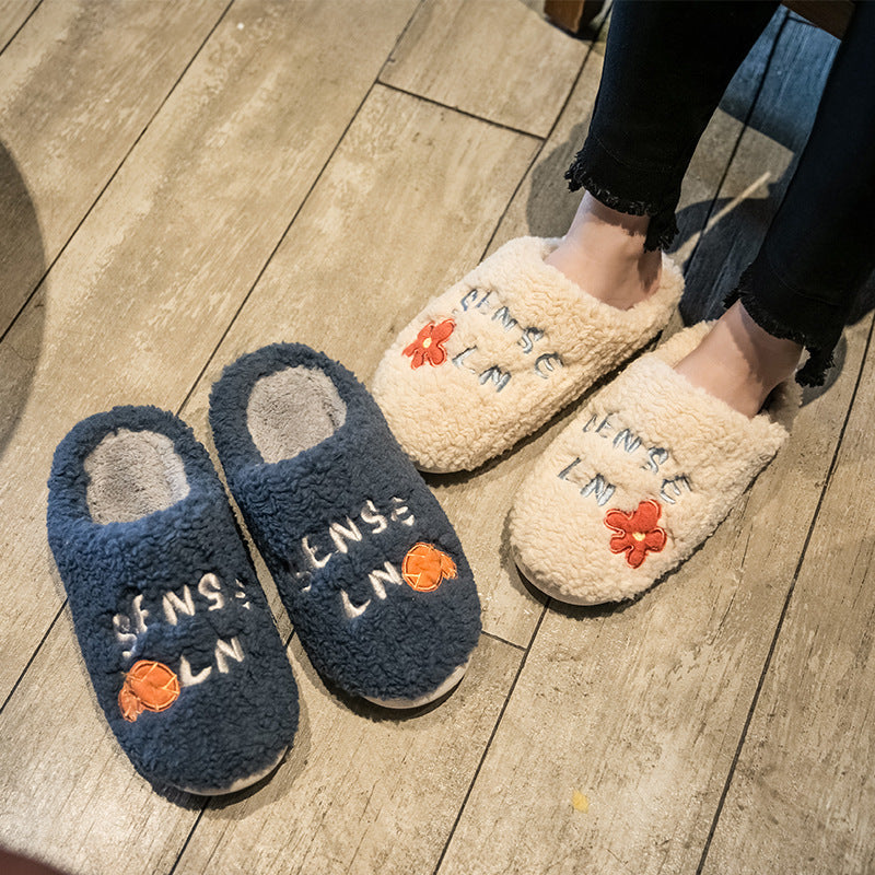 Ins Cute Flower Fleece Slippers Winter Warm Bedroom Floor Slippers Indoor Non-slip Plush Shoes For Women