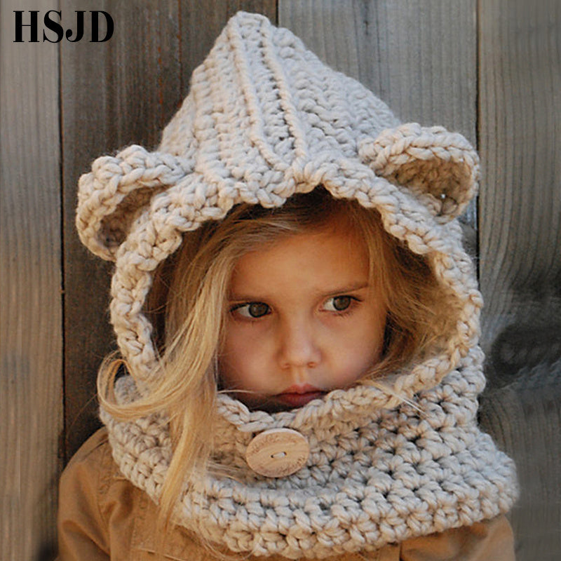 Girls Hats Handmade Kids Winter Hats Wrap Bear Scarf Caps Cute Autumn Children Cartoon Bear Knitted Hats