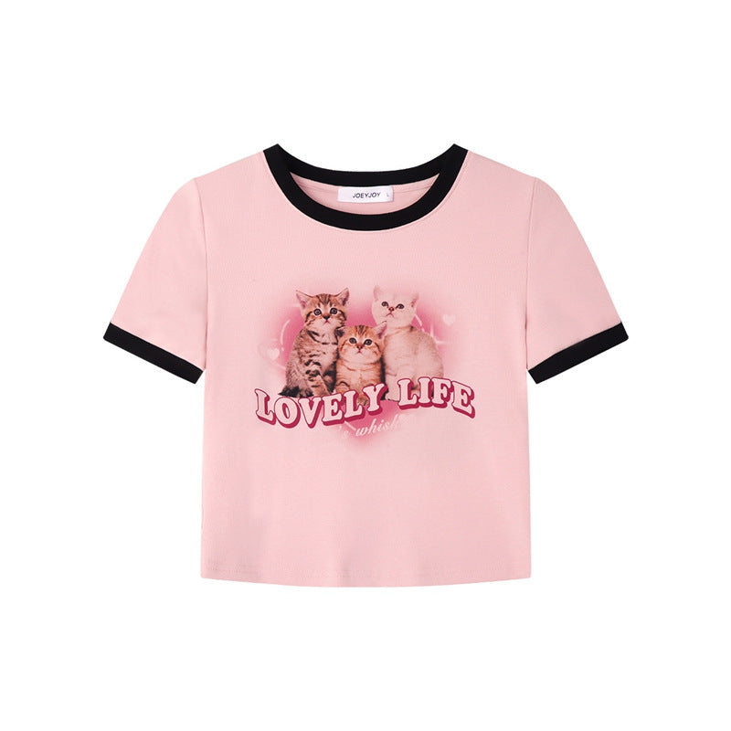 Lovely Cartoon Print Crop T-shirts Female Y2k Tops