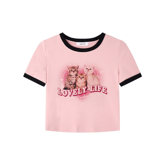 Lovely Cartoon Print Crop T-shirts Female Y2k Tops